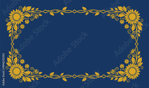Blue background with golden floral sunflower decorative frame border illustration for text and graphic design