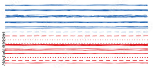 Hand-drawn vector set with blue and red grunge brush strokes line, dashed and dotted lines for design elements