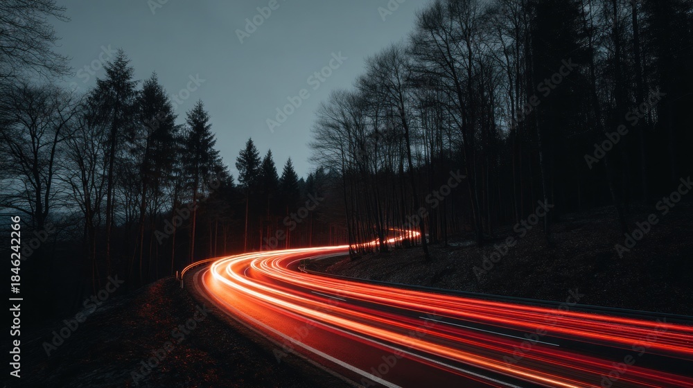 Fototapeta premium Road with light trails through dark forest at night