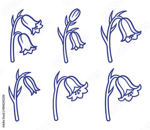 Bluebell Flower Outline Illustration Set, Botanical Line Drawing Isolated on White
