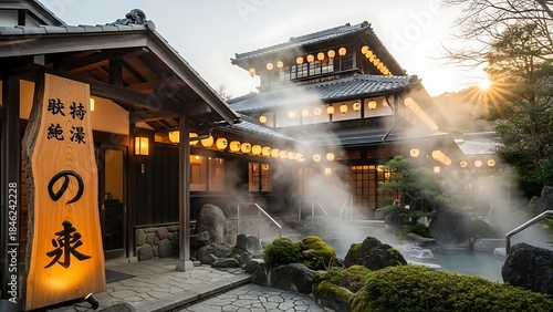 Traditional japanese ryokan with steam rising at sunrise or sunset
