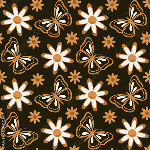 Seamless boho butterfly and daisy floral pattern on dark brown background