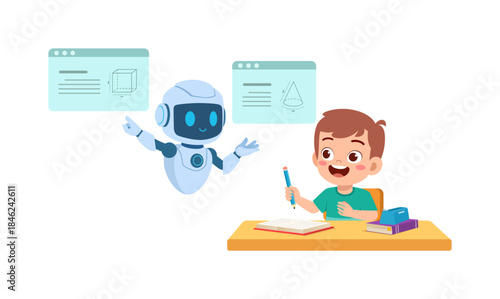 Happy boy student learning with robot AI assistant studying geometry on floating screens