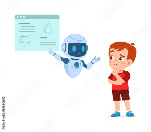 Friendly Robot Explains Geometry to a Thoughtful Boy Learning About Science and Technology