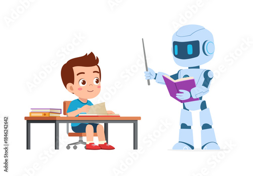 Smiling boy studying at a school desk with a helpful robot teacher holding a book and pointer