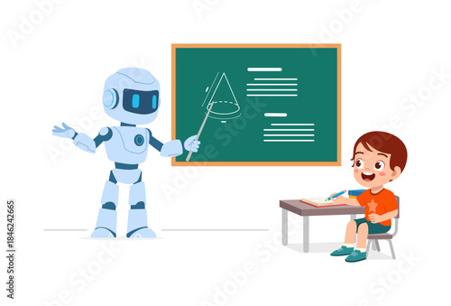 A robot teacher is explaining a lesson to a happy student boy in a classroom setting illustration