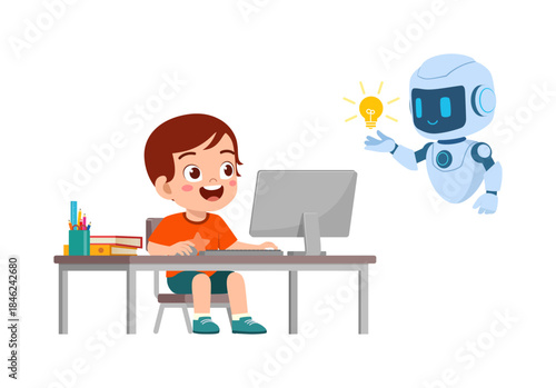Happy young boy learning on computer with a friendly robot showing a bright idea lightbulb