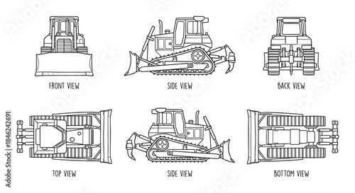 Bulldozer Technical Drawing, Front, Side, Back, Top and Bottom Views - Construction Equipment Blueprint