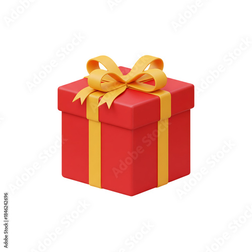 A simple 3d render of a red gift box wrapped with a yellow ribbon bow for celebration