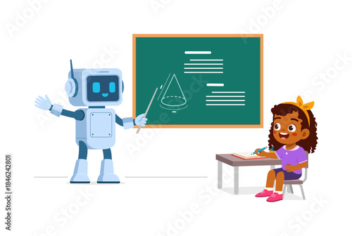 Robot teacher helping a happy Black girl student learning math in a classroom environment