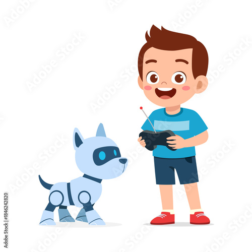 Happy Caucasian boy smiling playing with his remote control robot dog toy standing cheerfully