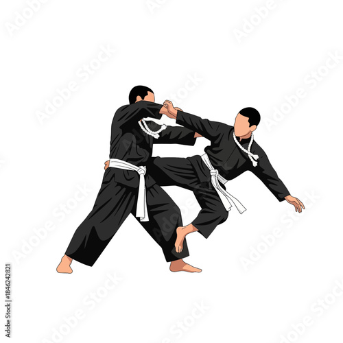 Dynamic vector illustration of two martial artists demonstrating a self-defense technique, highlighting the power, discipline, and agility essential in combat sports training