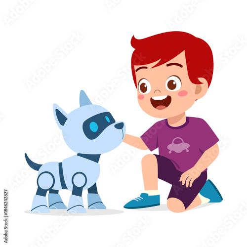 Happy Red Haired Boy Petting a Cute Blue Robot Dog with a Bright Smile Cheerful Child Interacting with Technology