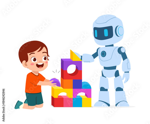 Smiling child and modern robot collaborating to build a colorful structure with various toy blocks cheerfully