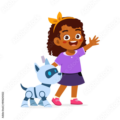 Smiling African American girl waving happily next to a cute robot dog in a cheerful illustration