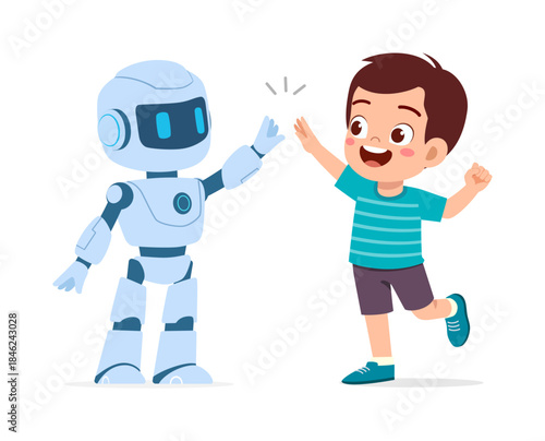 Happy smiling Asian boy high fiving a friendly robot with excitement a cheerful illustration