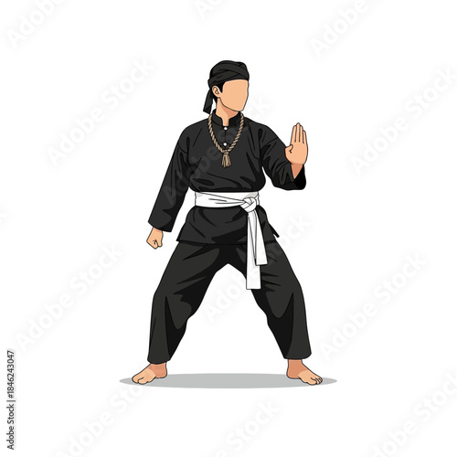 Martial Arts Practitioner in Traditional Black Uniform Demonstrating a Defensive Stance