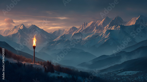 Olympic torch glowing vividly, illuminating snow capped mountain peaks, representing athletic triumph and global unity during winter Olympiad in Italy 2026