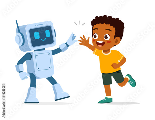 Happy Black boy giving a high five to a friendly light blue robot with a cheerful expression in illustration