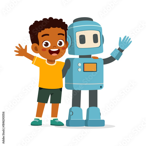 Happy African American boy with a friendly blue robot waving cheerfully together in a white background