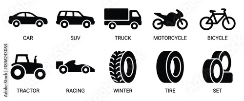 Car, SUV, truck, motorcycle and bicycle icons vector set