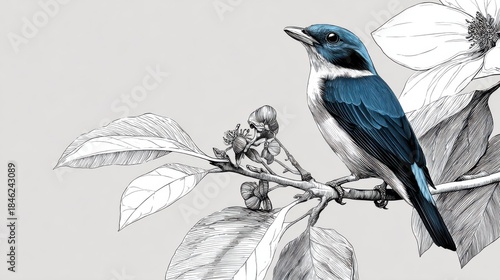 Blue Bird on Branch with Intricate Floral Illustration Background