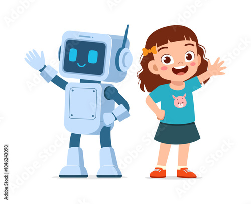 Smiling Asian girl and friendly white robot standing together waving cheerfully with joyful expressions