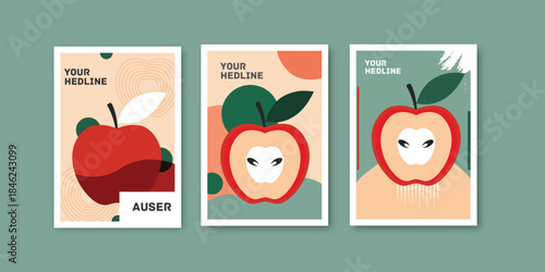 A collection of three minimalist posters featuring abstract apple illustrations for branding or decor