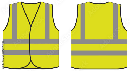 yellow safety vest with reflective strips vector illustration icon set, high visibility personal protective equipment for construction workers, road safety awareness, industrial protection concepts, 