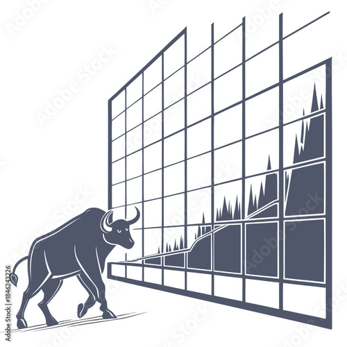 Bull standing in front of large stock market chart on transparent glass block wall