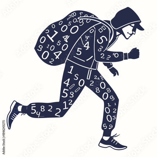 Futuristic thief silhouette made of numeric data running