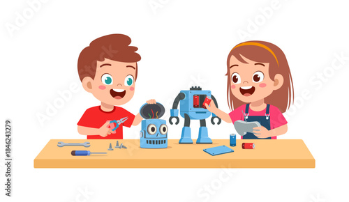 Happy multiracial children building and repairing toy robots with tools on a table with cheerful expressions