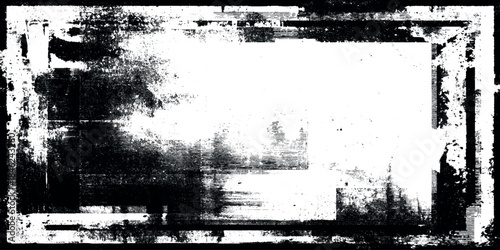 Abstract black and white grunge border frame overlay with distressed scratches surrounding a transparent center.