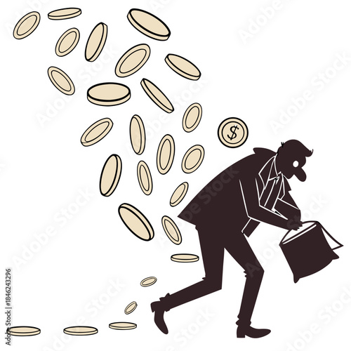 Sneaky businessman running with briefcase as coins fall around him