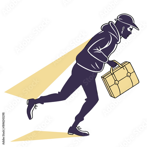 Thief silhouette running with briefcase in spotlight