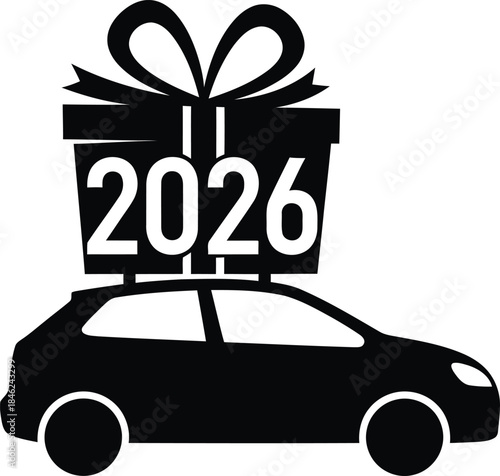 A black silhouette of a car with a gift box on top featuring the year 2026 in white.