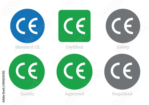 CE Marking Icons Set Standard Certified Safety Quality Approved Regulated Compliance