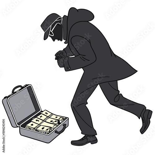 Shadowed figure sneaking with suitcase full of cash