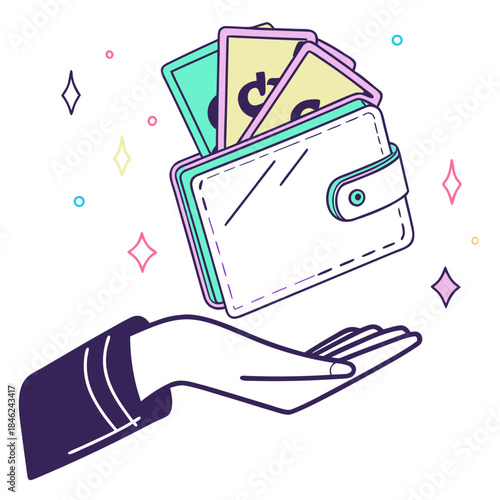 Transparent holographic wallet hovering above hand with money
