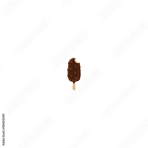 Chocolate-covered ice cream bar with bite and nut topping on wooden stick for dessert or snack concept