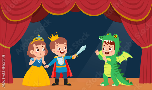 Three happy children perform a fairytale play on stage a brave prince a scared princess and a playful dragon character