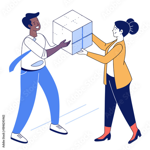 Male and female figures exchanging transparent data cube