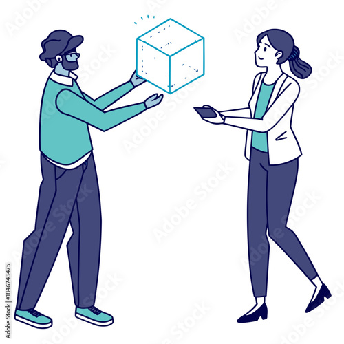 Male and female figures exchanging transparent data cube 1
