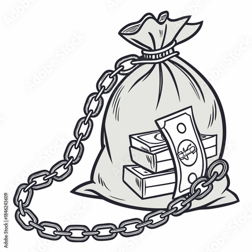 Heavy chain wrapped around transparent money bag with bills