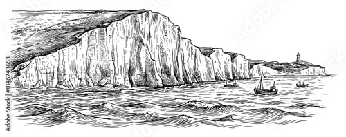 Chalk Cliffs, Boats, and Lighthouse Black and White Sketch