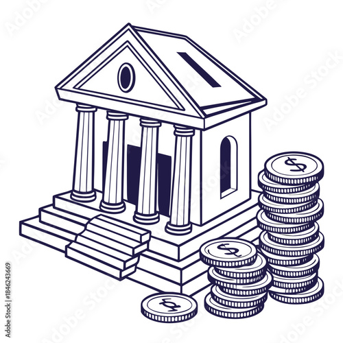 Stack of coins forming a classical bank structure with columns and steps