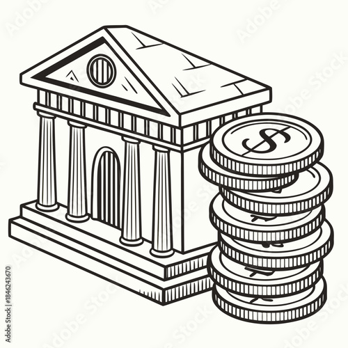 Stack of coins beside classical bank building