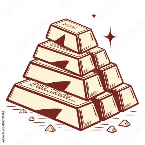 Gold bars stacked in a pyramid shape with small gold nuggets