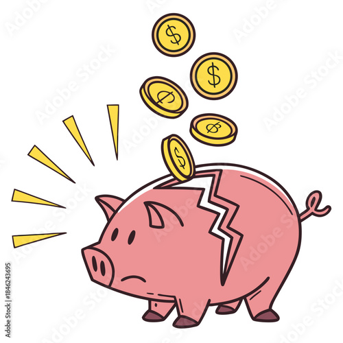 Pink piggy bank broken open with glowing yellow coins spilling out