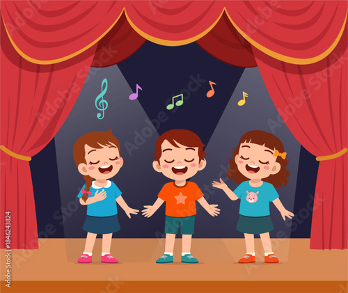 Three happy diverse children singing on stage with red curtains and musical notes floating above them
